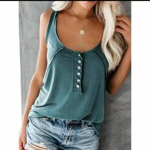 Women Summer Button Up Tank Top Casual Solid Teal Forest Green Shirt Beach Large